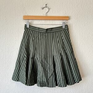 BOHME Mini Skirt Olive Green Gingham Check Pleated A-Line Academia NWT